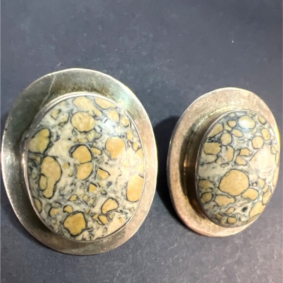 Vtg Natural Leopard Skin Jasper Cabochon Sterling Silver Clip Earrings Artisan - Picture 3 of 10